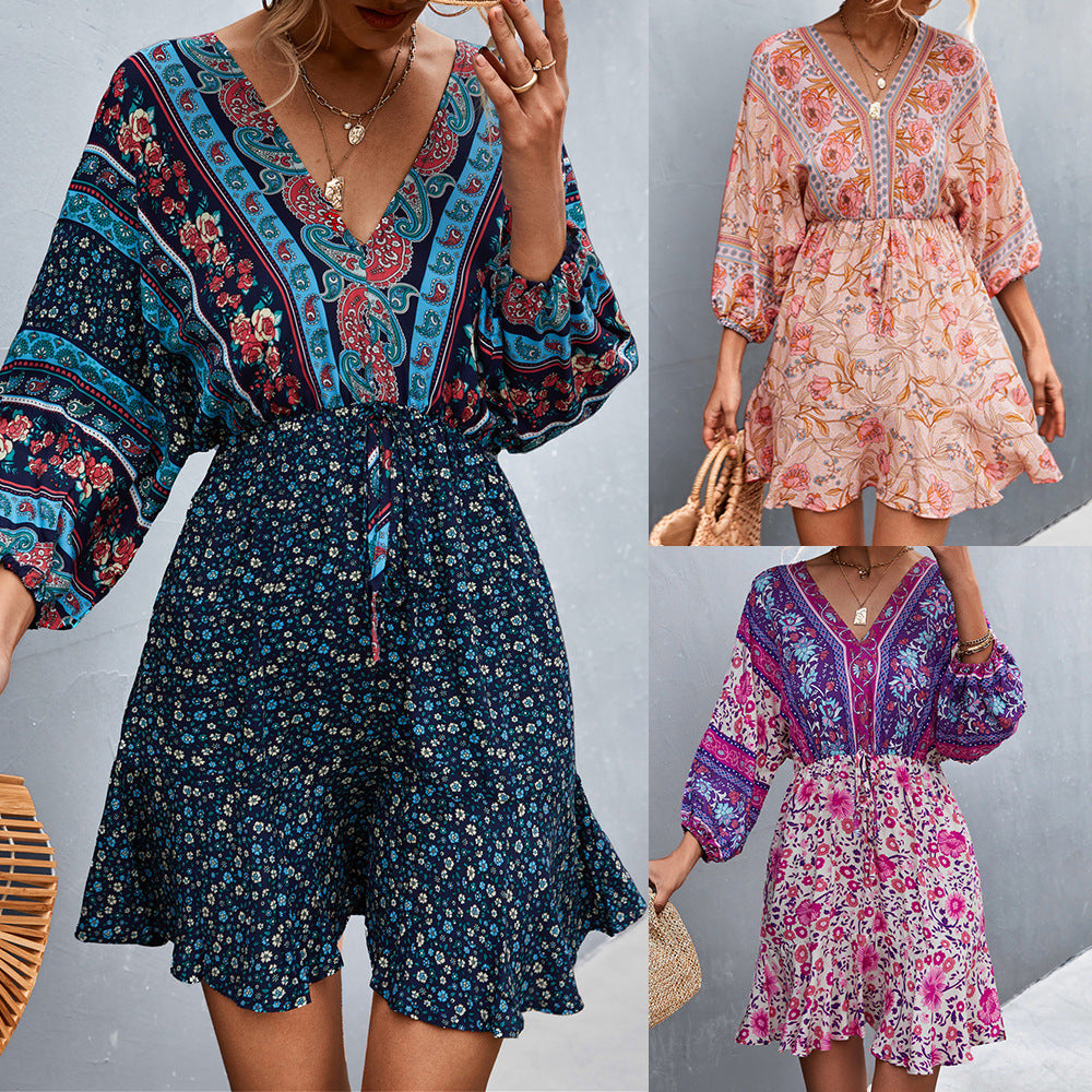 Damen Sommerliches Blusenkleid mit auffälligem floralen Muster und eleganten Puffärmeln EB