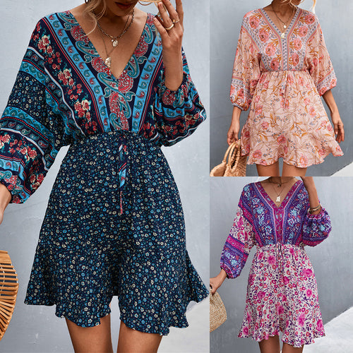 Damen Sommerliches Blusenkleid mit auffälligem floralen Muster und eleganten Puffärmeln EB