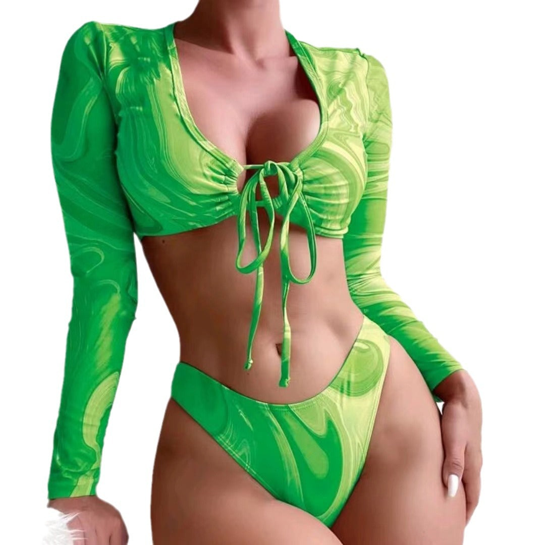 Damen Surf-Bikini-Set mit langärmligem Crop-Top und hochgeschnittenen Unterteilen EB