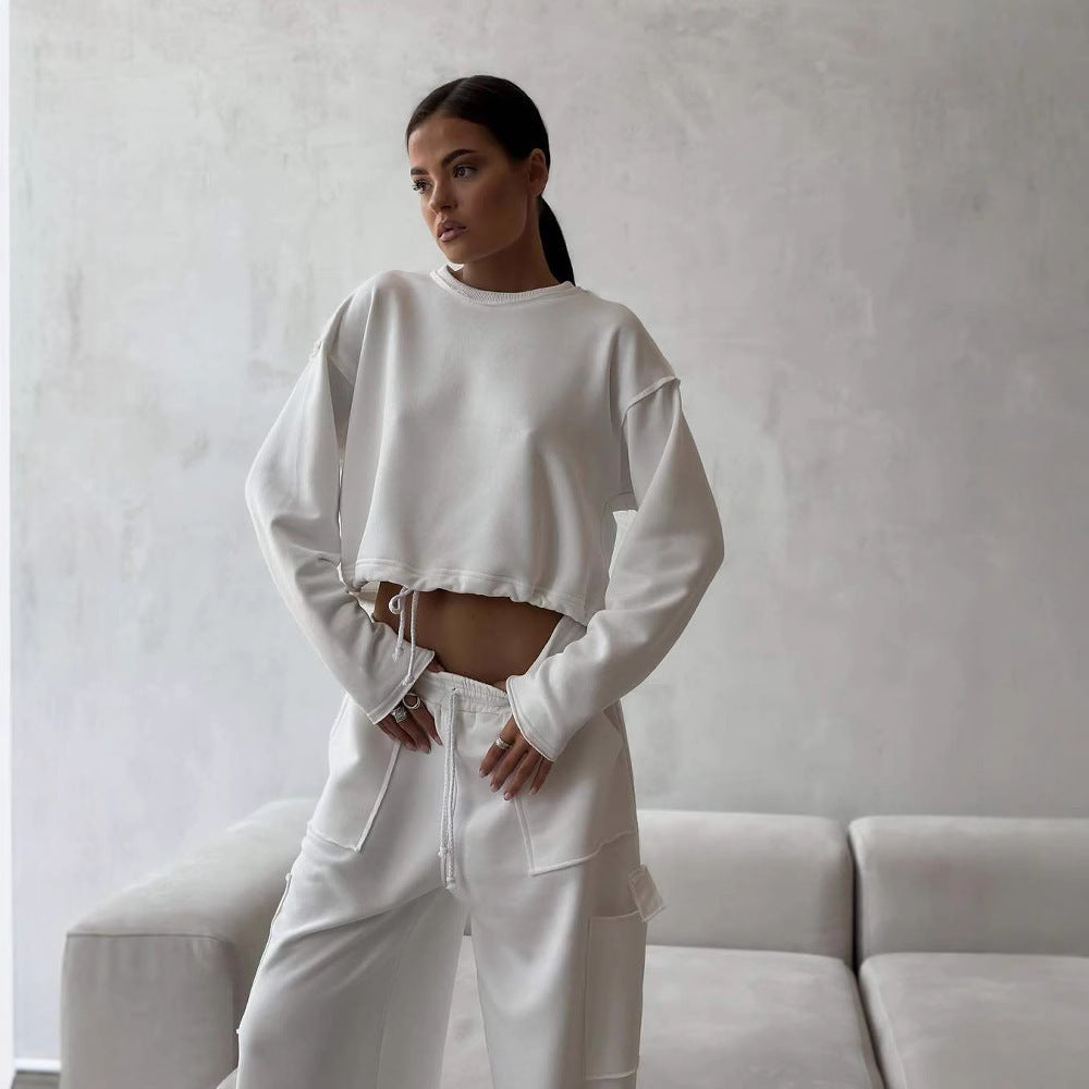 Damen kurzes Sweatshirt mit Kordelzug und Oversize-Ärmeln EB