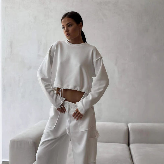 Damen kurzes Sweatshirt mit Kordelzug und Oversize-Ärmeln EB