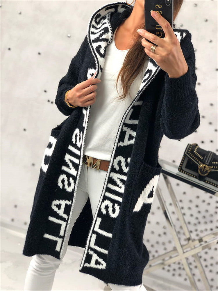Damen Langarm-Strickcardigan mit Kapuze und praktischen Taschen EB