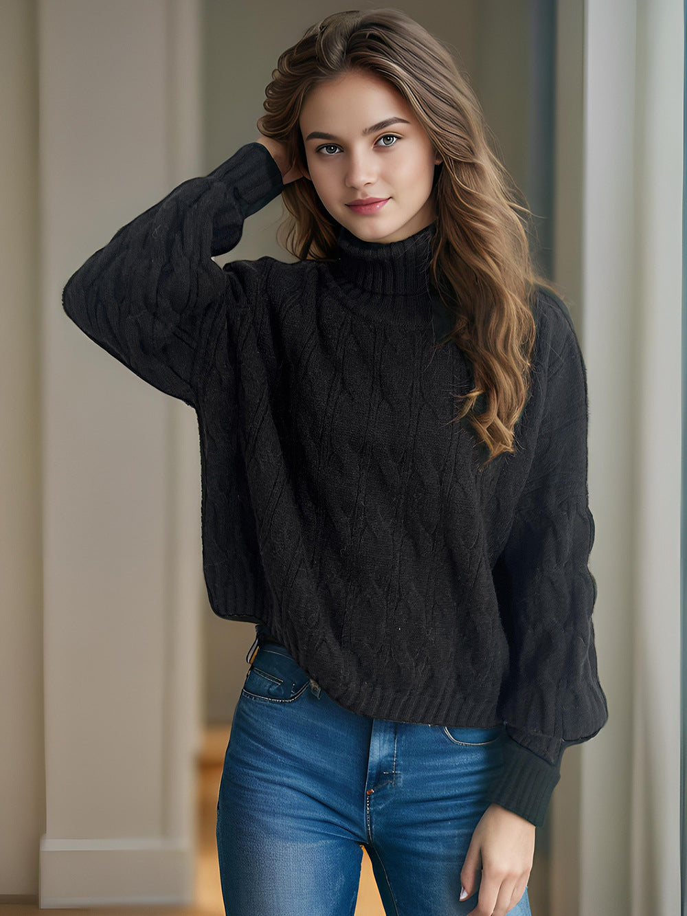 Damen Strickpullover mit hohem Kragen und strukturierter Zopfoptik EB