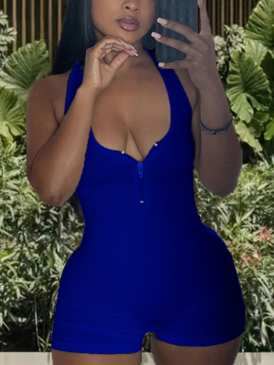 Damen Jumpsuit mit tiefem Ausschnitt und Reißverschluss EB