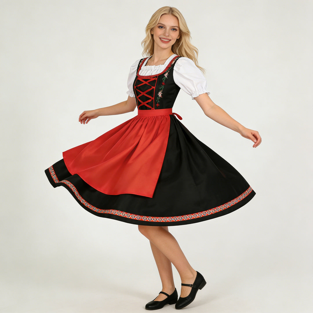 Damen nan traditionelles Dirndlkleid mit besticktem Mieder, Puffärmeln und Schürze EB