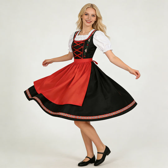 Damen nan traditionelles Dirndlkleid mit besticktem Mieder, Puffärmeln und Schürze EB
