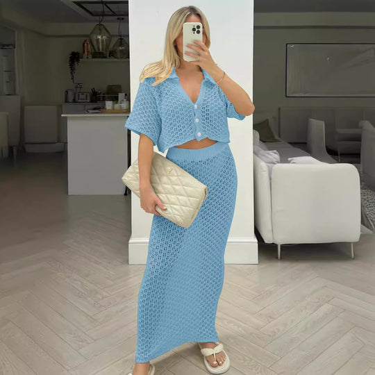 Damen Strick-Set mit offenem Cardigan und maxi Rock EB