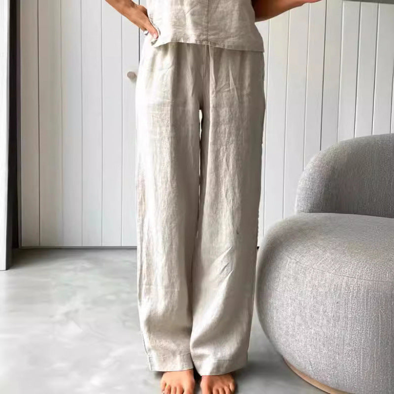Damen lässiges Leinen-Set mit trägerloser Bluse und weiten Hosen EB