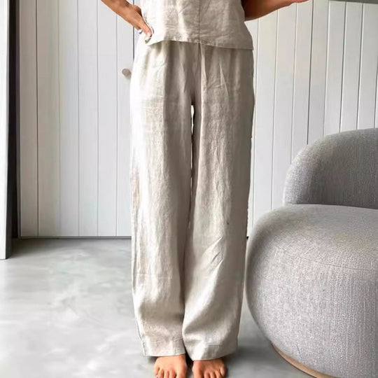 Damen lässiges Leinen-Set mit trägerloser Bluse und weiten Hosen EB