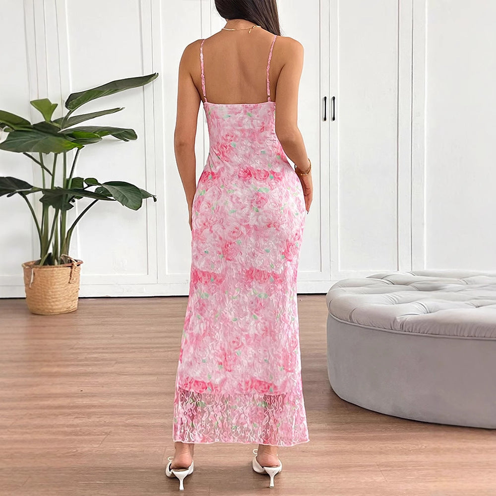 Damen elegantes Maxikleid mit floralem Muster und seitlichem Schlitz EB