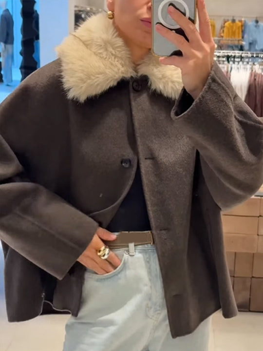 Damen elegante Oversized-Jacke mit Sherpa-Kragen EB