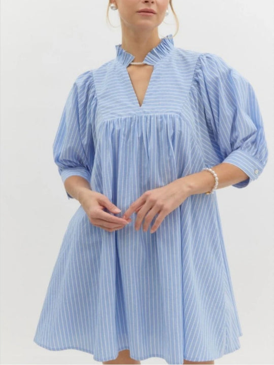 Damen Kurzarm Kleid mit modernem Stehkragen und Volant-Detail EB