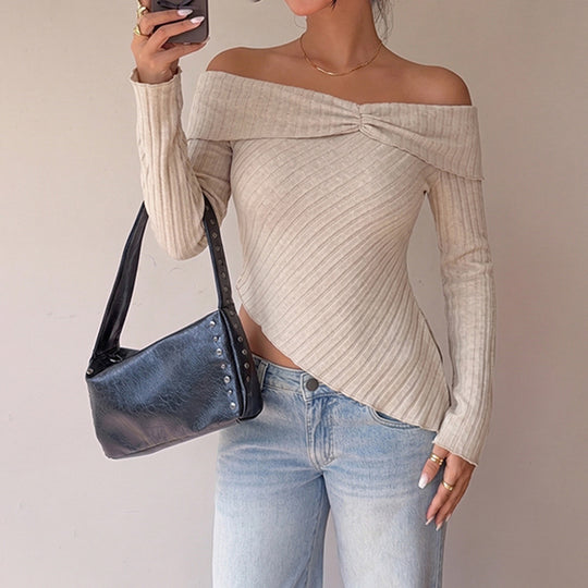 Damen Schulterfreies asymmetrisches Rippstrick-Top mit Knotenpasse EB
