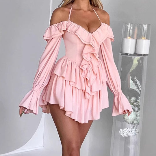 Damen Verspieltes Mini-Kleid mit Rüschen und schulterfreiem Design EB