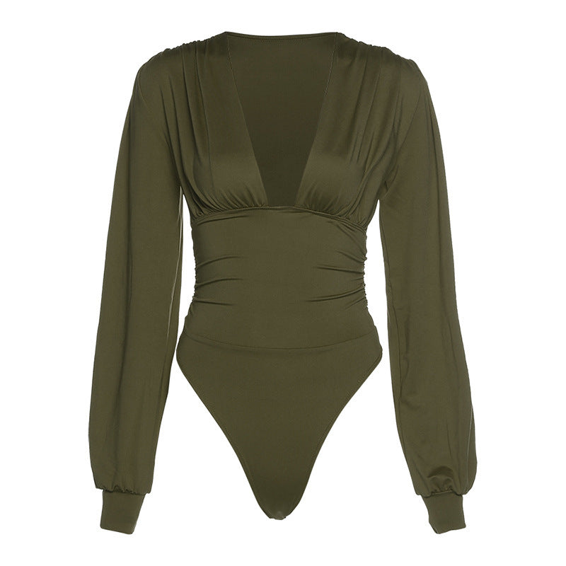 Damen Eleganter Langarm-Bodysuit mit V-Ausschnitt EB
