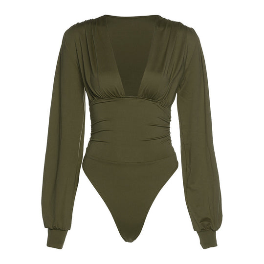 Damen Eleganter Langarm-Bodysuit mit V-Ausschnitt EB