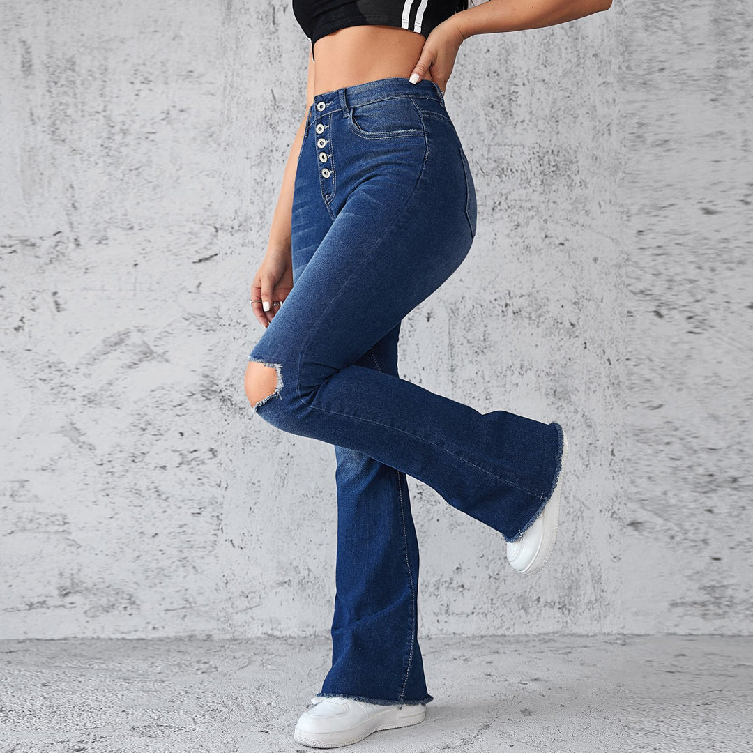 Damen Schlagjeans mit distressed Details und hohem Bund EB