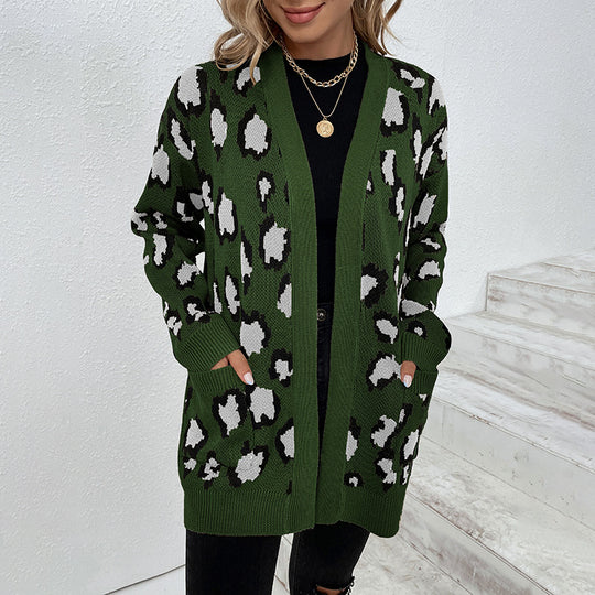 Damen modische Strickjacke mit Leopardenmuster und praktischen Taschen EB