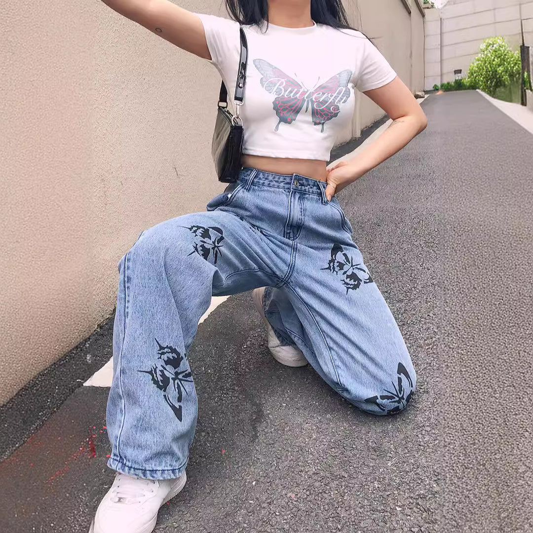 Damen nan weite High-Waist-Jeans mit Gothic-Schmetterlingsprint und entspanntem Straight-Leg EB