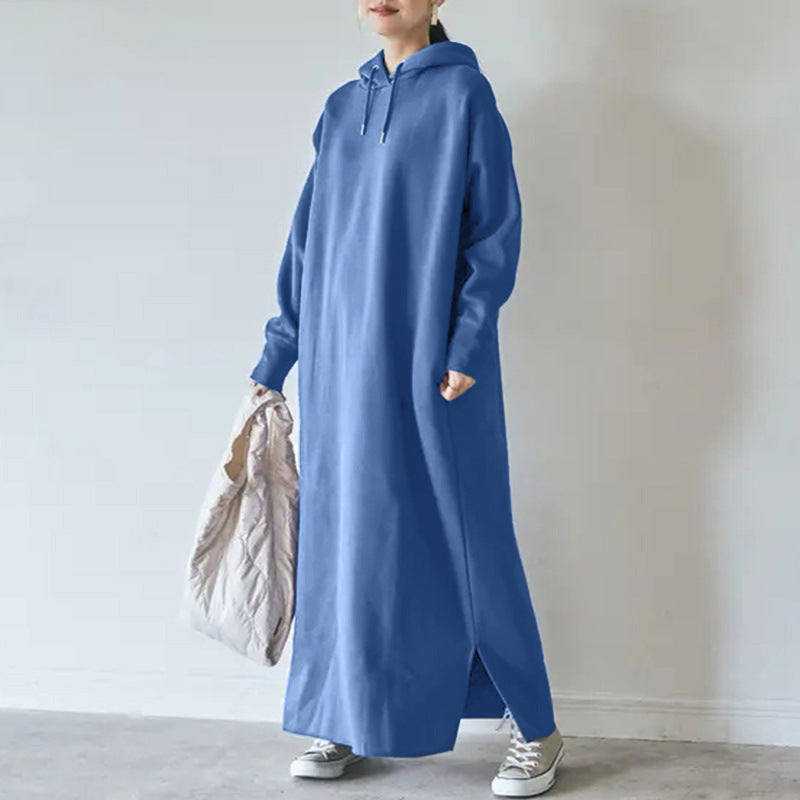 Damen nan Oversize Kapuzenmaxikleid mit geradem Schnitt und Seitenschlitz EB