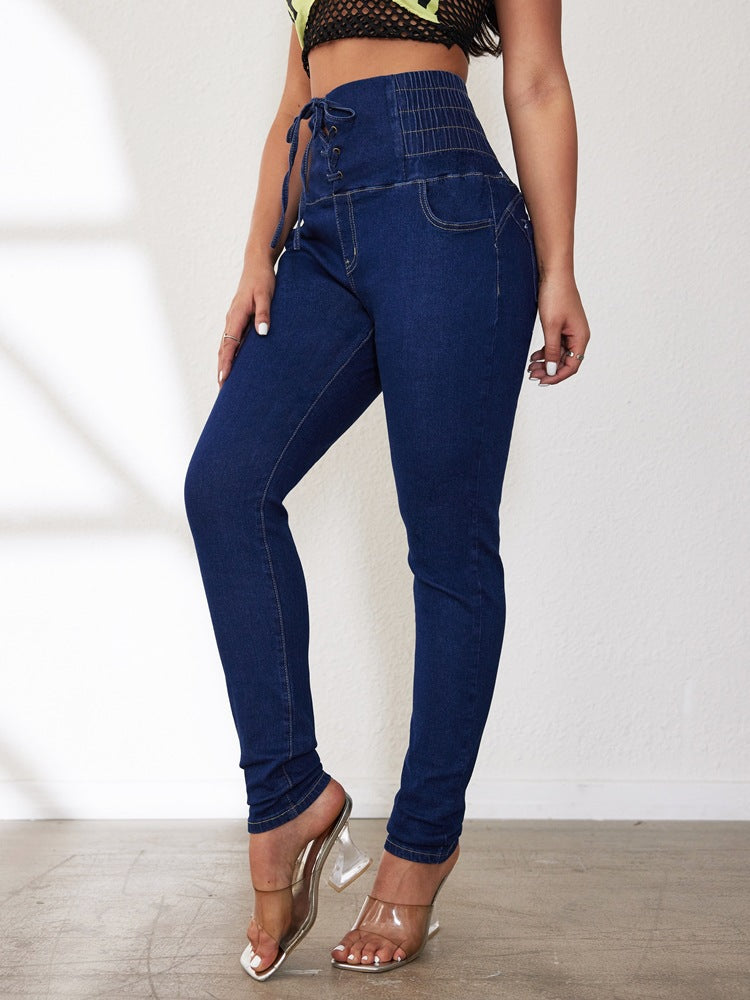 Damen Hochtaillierte Jeans mit Schnürdetails EB