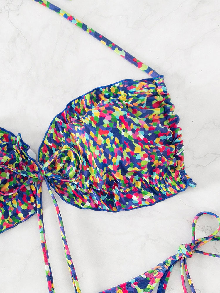 Damen Bikini mit sexy hoch geschnittenem Slip und buntem Design EB