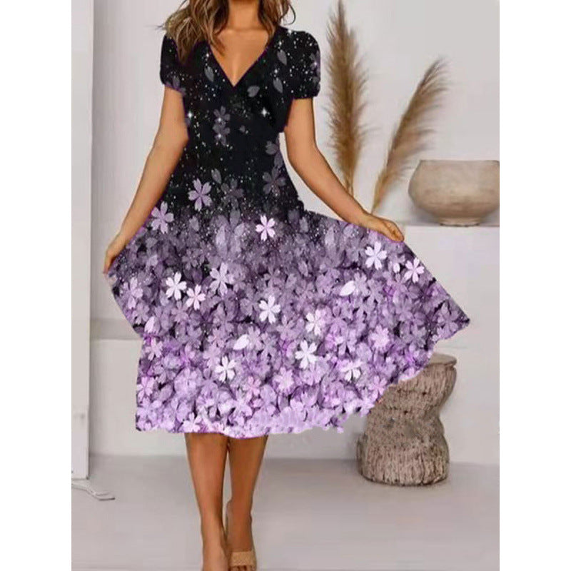 Damen A-Linie Sommerkleid mit V-Ausschnitt und floralen Akzenten EB