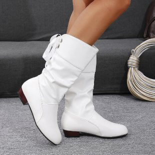 Damen nan schafthöhe Stiefel mit Raffung, rückseitiger Schnürung und niedrigem Blockabsatz EB