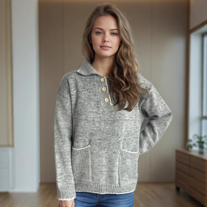 Damen Pullover mit kontrastierendem Kragen und dekorativen Knöpfen EB