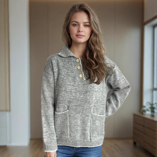 Damen Pullover mit kontrastierendem Kragen und dekorativen Knöpfen EB