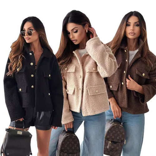 Damen Trendige Bouclé-Jacke mit goldenen Knöpfen und praktischen Taschen EB