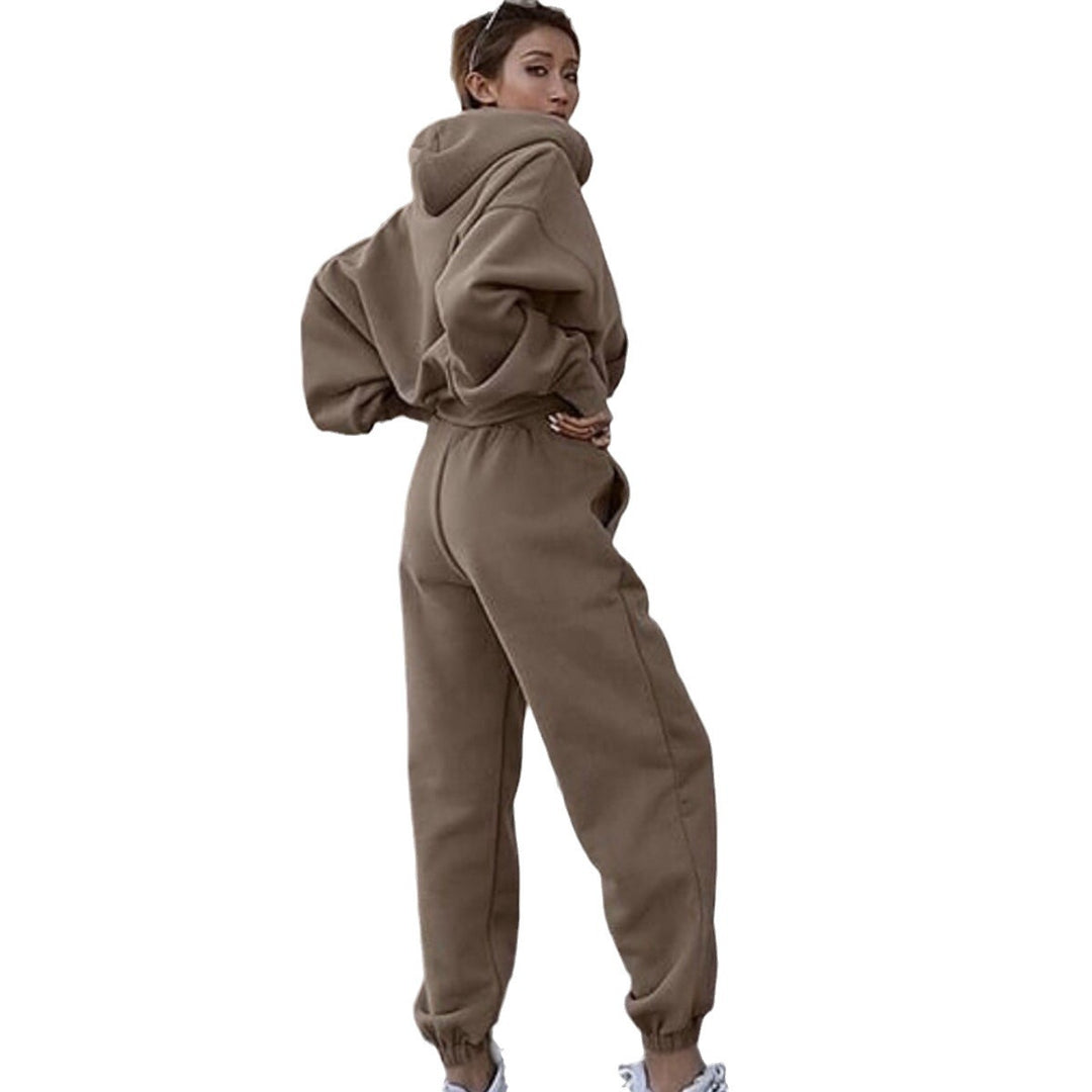 Damen nan kuscheliges kurzes Kapuzenpullover- und hochgeschnittene Jogginghose Set EB