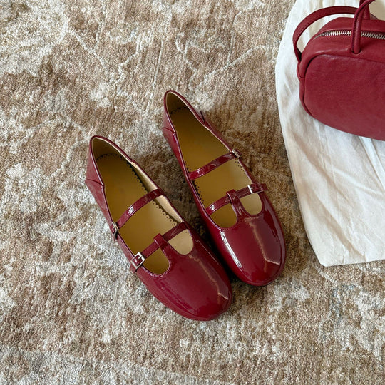 Damen Elegante Mary Jane Ballerinas mit doppelter Schnalle und schimmerndem Finish EB