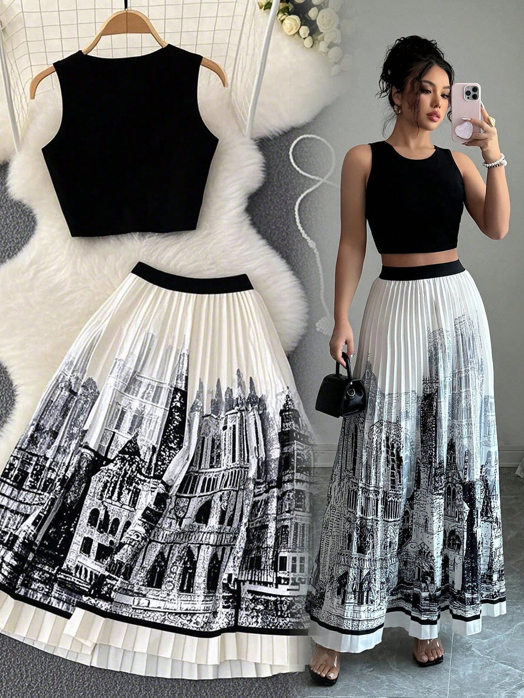 Damen-Set aus ärmellosem Crop-Top und weitschwingendem Maxirock im urbanen Design EB