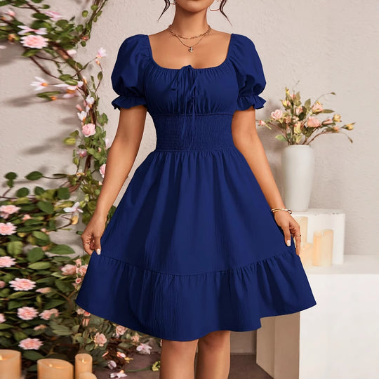 Damen Puffärmel Kleid mit elastischem Tailleneinsatz und Rüschensaum EB