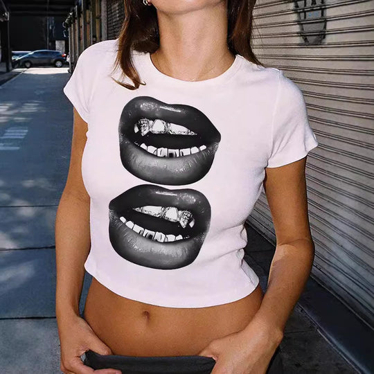 Damen Crop-T-Shirt mit kreativem Telefon-Design EB