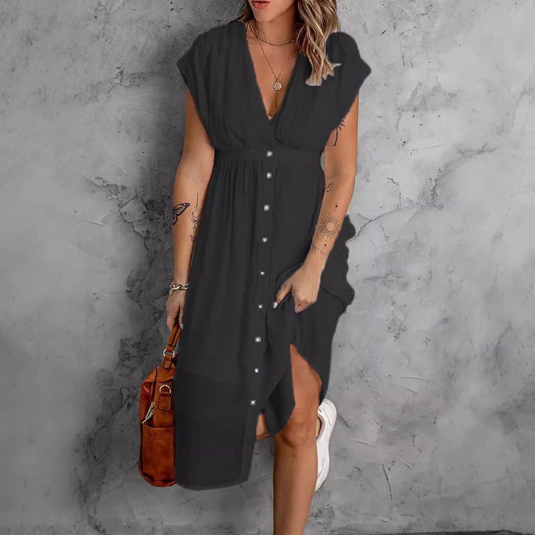 Damen luftiges lässiges Hemdkleid mit Knopfdetails und fließendem Schnitt EB