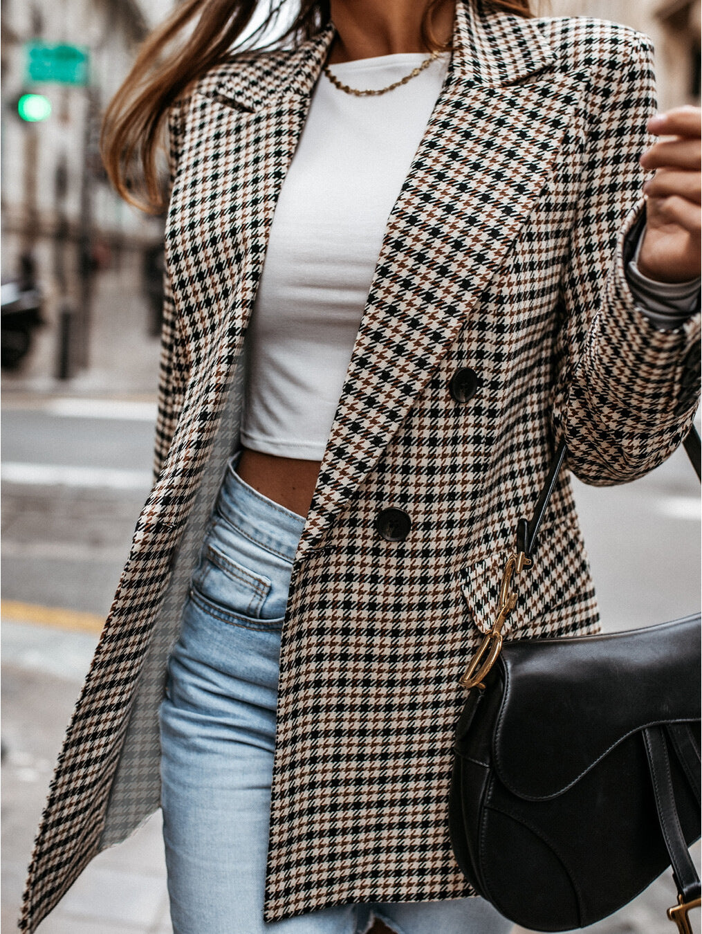 Damen lässiger Oversized-Blazer mit klassischem Hahnentrittmuster EB
