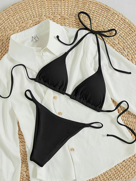 Damen Triangel-Bikini mit feinem Rippstruktur und verspielten Bindebändern EB