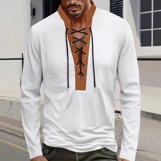 Herren modisches Langarmshirt mit einzigartigem Schnürdesign und ansprechendem Kragen EB