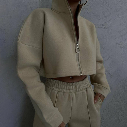 Damen nan kurzes Reißverschluss-Crop-Sweatshirt mit Stehkragen und hochtaillierter Jogginghose Set EB