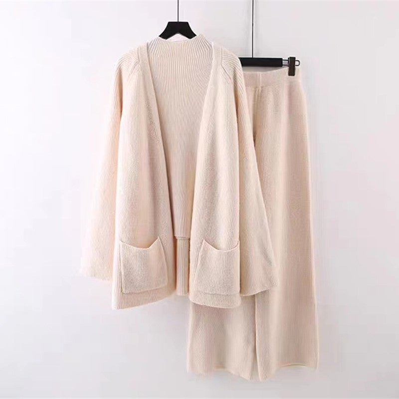 Damen kuscheliges Strickensemble mit weitem Cardigan und bequemen Hosen EB