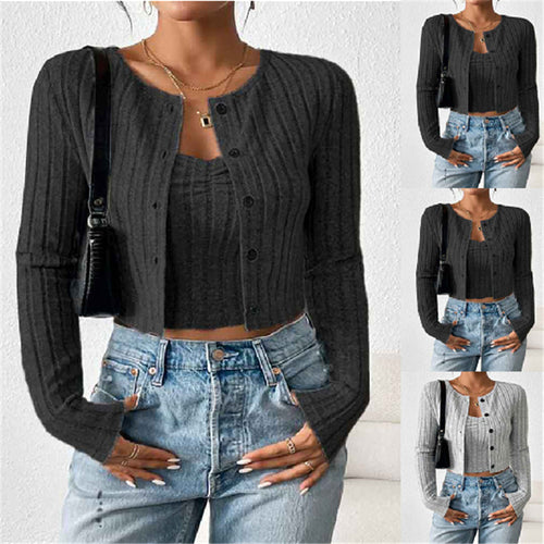 Damen lässige Strickjacke im schmalen Rippdesign mit Knopfleiste EB