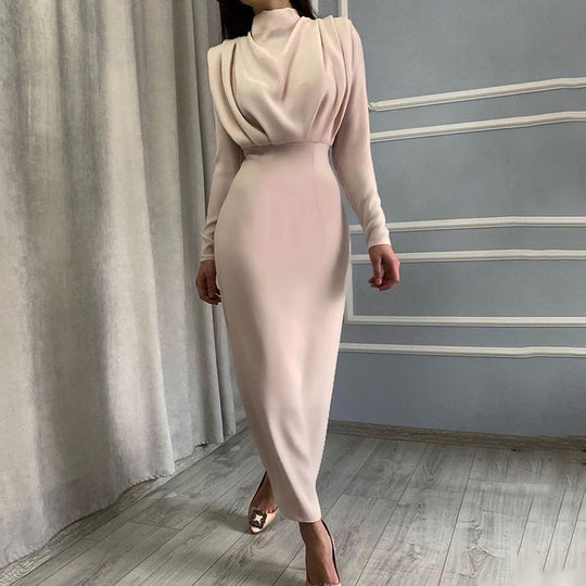 Damen nan elegantes Midikleid mit Drapierter Wasserfall-Front, taillierter Bleistift-Silhouette und langen Ärmeln EB