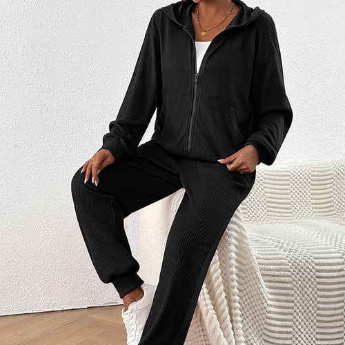 Damen Lässiges Set aus strukturiertem Hoodie und Jogginghose EB