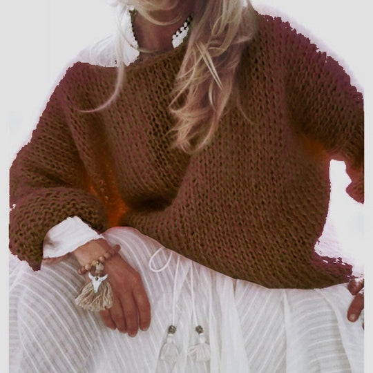 Damen Kurzgeschnitteter flauschiger Grobstrickpullover mit überschnittener Schulter EB