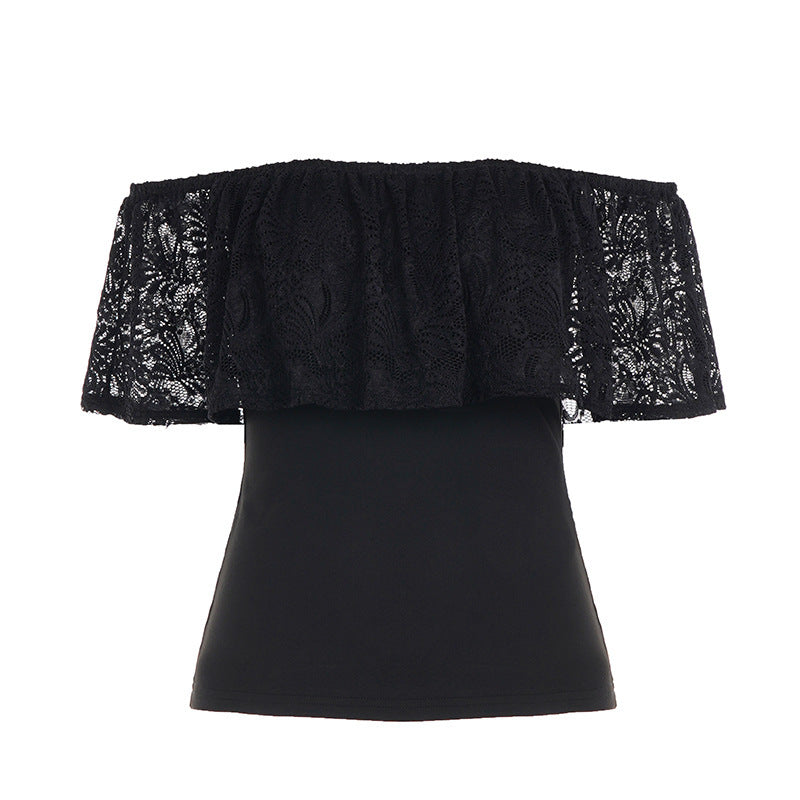 Damen Off-Shoulder Oberteil mit Rüschendetails und eleganten Spitzenakzenten EB