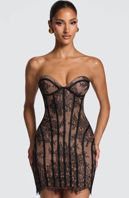 Damen Elegantes Korsettkleid mit Spitzenverzierung und transparenter Optik EB