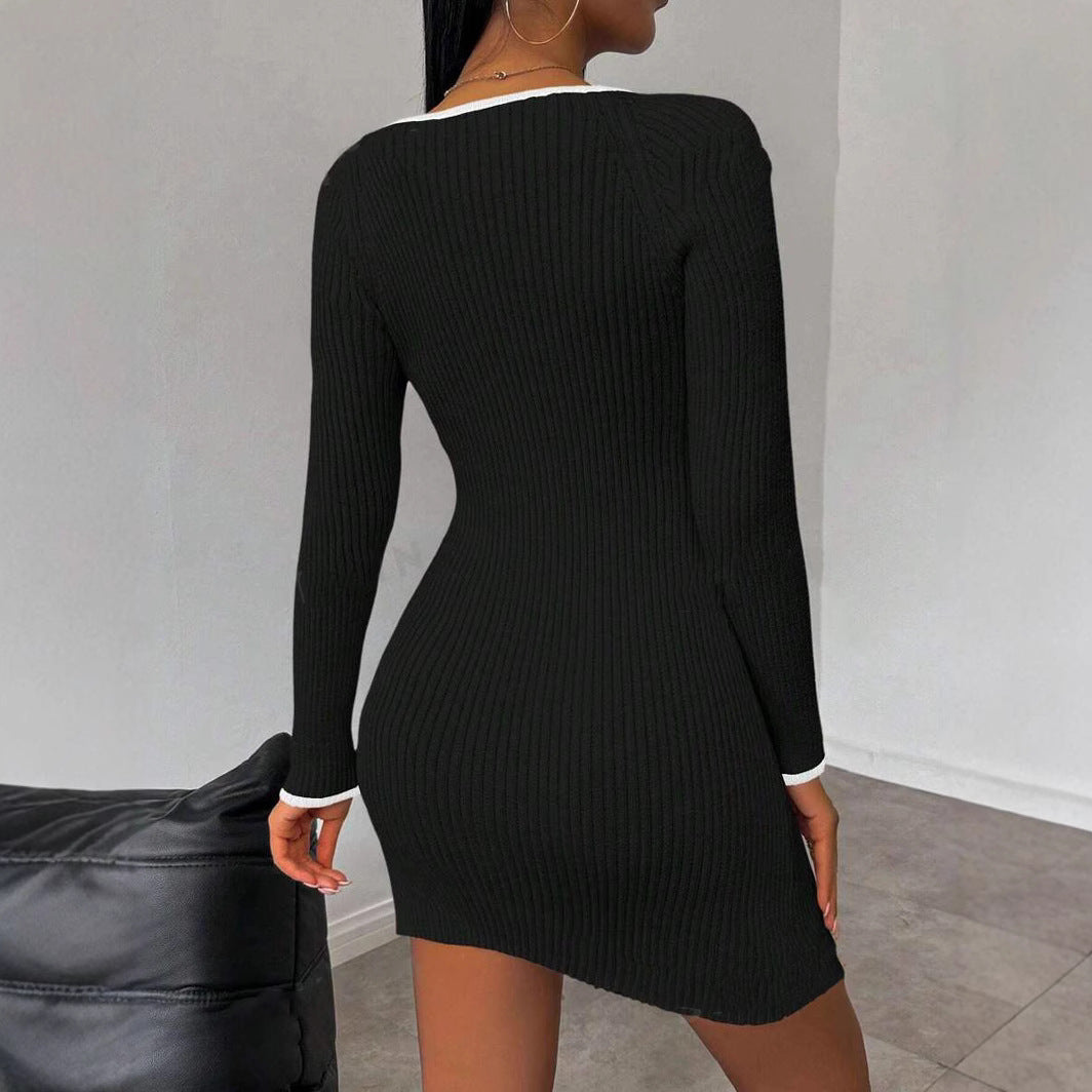 Damen figurbetontes Rippstrickkleid mit tiefem Ausschnitt und Seitenschlitz EB