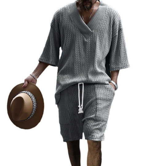 Herren nan lässiges Struktur-Strick-Set mit tiefem V-Ausschnitt kastigem Kurzarmpullover und Kordel-Shorts EB